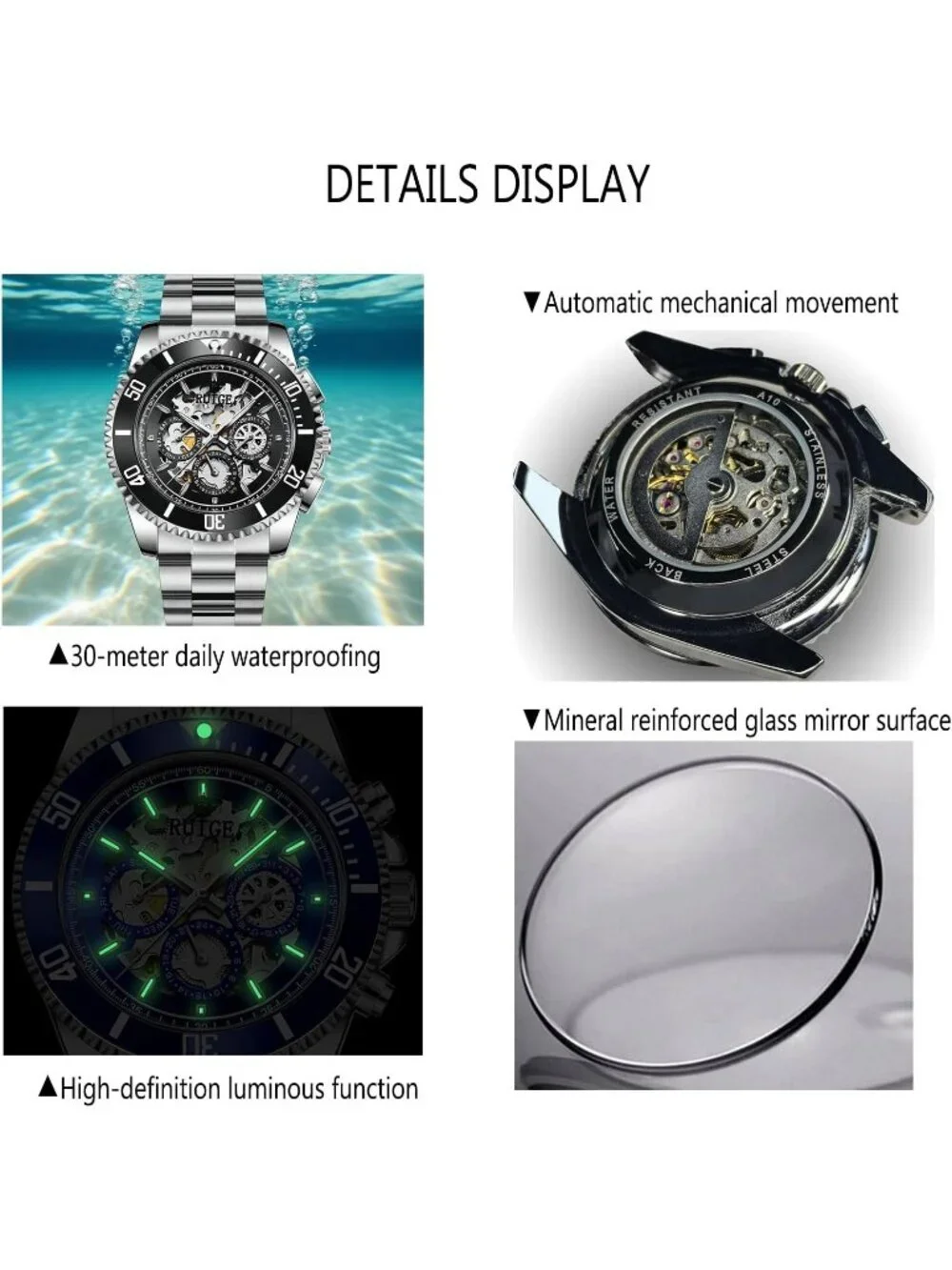 Men's Black Automatic Skeleton 43mm Mechanical Luminous Stainless Steel Watch